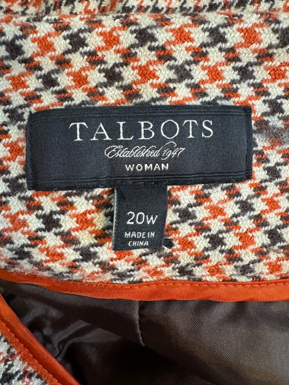 Talbots Woman Orange Black Houndstooth Wool Blend Skirt Size 20W